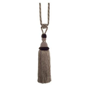 Taupe Swish Moulin curtain tieback with a corset design and tassels.