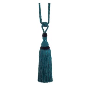 Teal Swish Moulin curtain tieback with a corset design and tassels.