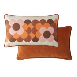 Orla Kiely retro flower stripe filled cushion with a textured cotton face and a soft, plain cotton velvet reverse and piped edge.
