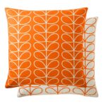 Orla Kiely Small Linear Stem feather filled cushion in Persimmon colour. 100% cotton cover and concealed zip closure, this cushion has a classic orange and white linear stem design