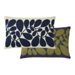 Orla Kiely Sycamore Stripe Space blue cushion is printed in a rich navy and olive-green shade on one side and a classic navy and cream on the other. 100% cotton cover, feather filled with zip closure