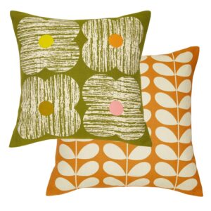 Orla Kiely Textured Flower Moss 45x45cm Microfibre Cushion. 100% cotton cover with zip closure. An iconic four petal flower combined with a lovely bark texture to create a truly 70s inspired look