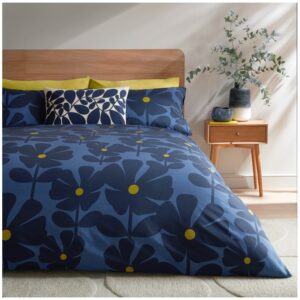 Orla Kiely Wildflower Indigo Bedding. This 100% cotton, 200 thread count bedding is designed in a deep blue colour palette with bold pops of chartreuse