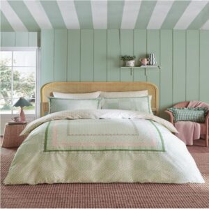 Cath Kidston Archive Book Pistachio Bedding. A patchwork of ditsy florals, stripes, and Trompe L'oeil flounces, this 180 thread count 100% cotton percale bedlinen is a romantic escape of floral femininity.