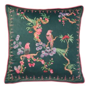 Cath Kidston Bird Emerald cushion depicts winding and weaving branches of beautiful birds and blooming florals in crisp, muted jewel tones. This beautiful cushion is printed onto a sumptuously soft velvet with a rich, emerald, green ground. A smart, coral pink velvet piped edge and reverse compliment the cushion artwork perfectly. 100% cotton cover.