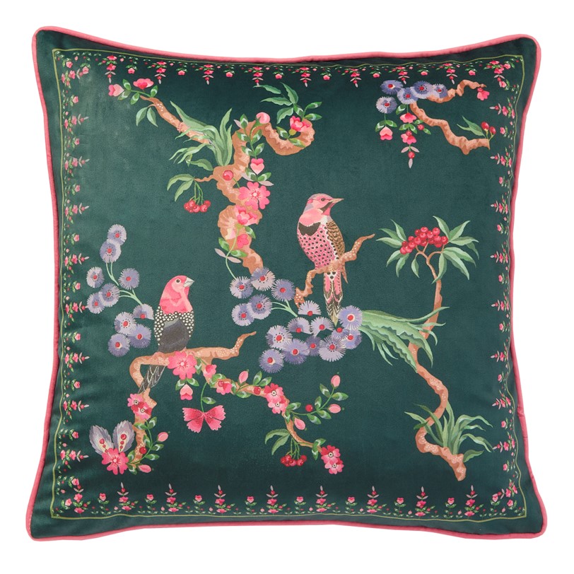 Cath Kidston Bird Emerald cushion Cath Kidston Bird Emerald cushion depicts winding and weaving branches of beautiful birds and blooming florals in crisp, muted jewel tones. This beautiful cushion is printed onto a sumptuously soft velvet with a rich, emerald, green ground. A smart, coral pink velvet piped edge and reverse compliment the cushion artwork perfectly. 100% cotton cover.
