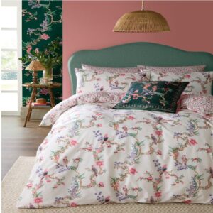 Cath Kidston Birds Of A Feather Blush Bedding. This brand-new hand-painted work of art depicts winding and weaving branches of beautiful birds and blooming florals in crisp, muted jewel tones. Printed onto a crisp 180tc 100% cotton percale this design is complemented with a harmonious ditsy reverse.