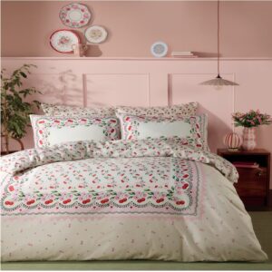 Cath Kidston Cherry Picked Pink Cream Bedding. Hand painted cherries have been lovingly engineered into a vintage scarf-like placement that's prettily playful and feminine. Printed onto a beautiful 180tc cotton sateen with a delightful coordinating reverse, this gorgeous print is an archive revival drawing on Cath Kidston long history of summer fruit prints.