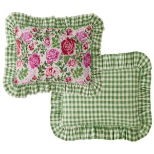 Cath Kidston Dolly Rose Cushion. The cushion features a vibrant and joyful hand painted bloom in vibrant pinks and reds printed onto soft cotton. Sitting on a beautiful, soft sage ground with cheerful ruffle edge made from a beautiful green gingham check. 100% cotton cover with a polyester filler.