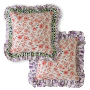 Cath Kidston Double Ruffle Multi cushion. Hand painted flora, detailed wispy leaves and delicate foliage fill this beautiful cushion in soft tones of coral and orange. A dainty ruffle checked border in green tones adds some contrast which is complimented with another lilac floral ruffle edge adding depth. 100% cotton cover with a polyester filler.