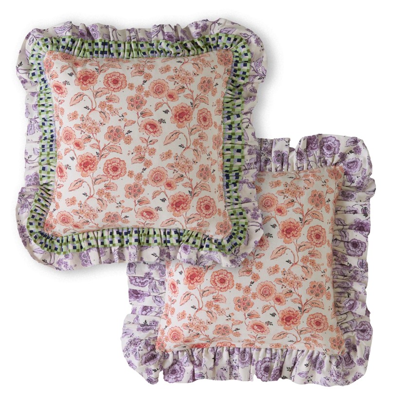 Cath Kidston Double Ruffle Multi cushion Cath Kidston Double Ruffle Multi cushion. Hand painted flora, detailed wispy leaves and delicate foliage fill this beautiful cushion in soft tones of coral and orange. A dainty ruffle checked border in green tones adds some contrast which is complimented with another lilac floral ruffle edge adding depth. 100% cotton cover with a polyester filler.