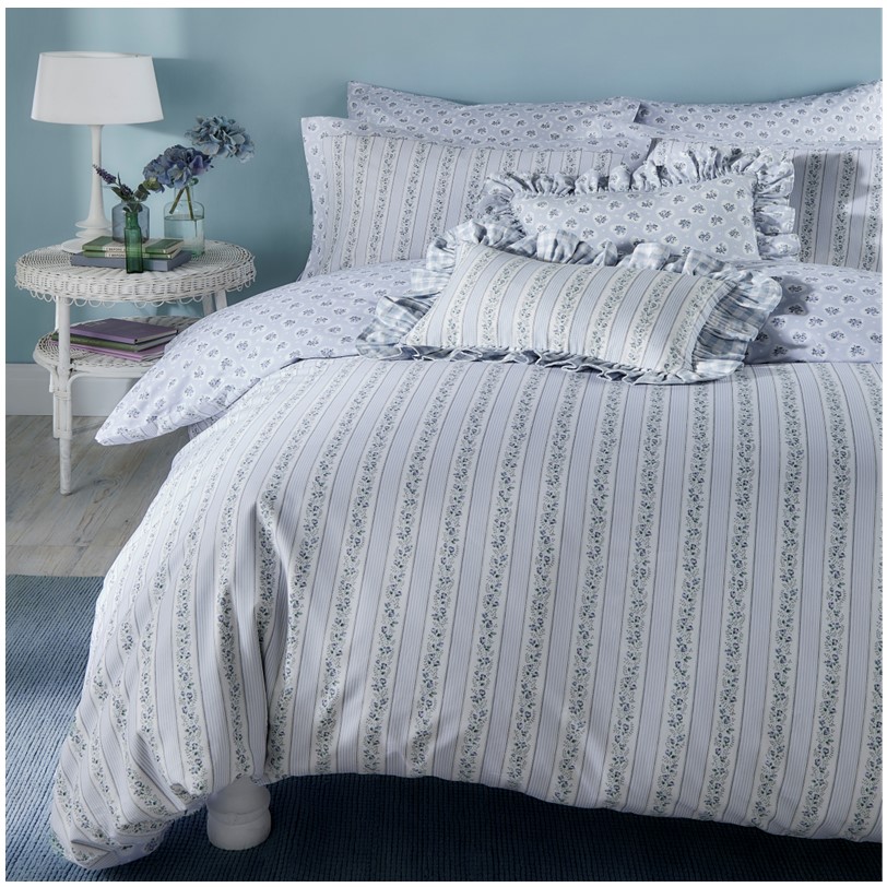 Cath Kidston Ticking Stripe Blue bedset Cath Kidston Ticking Stripe Blue bedset. A delicate soft blue ticking stripe with a beautiful archival floral trail in timeless chalk blue and sage green. Mixed with a Cath Kidston heritage archive print, Lace Hearts, one we all know and love. Floral filled lace hearts dance across the pillow and reverse on a beautifully soft 100% cotton percale ground. 100% cotton cover.