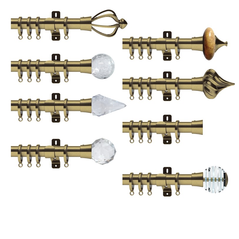Design Studio Bay Window Curtain pole set Antique Brass with all finials Design Studio Bay Window Curtain pole set Antique Brass with Brackets, Flexible corners, rings, fixings and instructions with a choice of finial designs