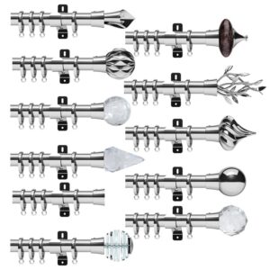 Design Studio Bay Window Curtain pole set in Chrome with Poles, Brackets, bendable corners, Rings, fixings and instructions, with choice of finials