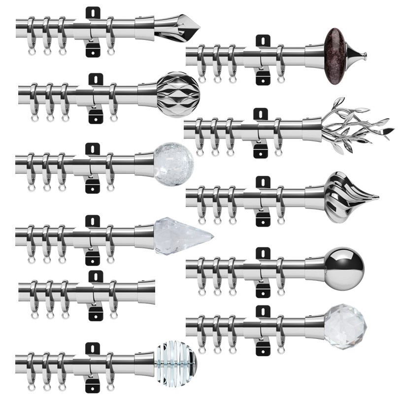 Design Studio Bay Window Curtain pole set Chrome with all finials Design Studio Bay Window Curtain pole set in Chrome with Poles, Brackets, bendable corners, Rings, fixings and instructions, with choice of finials