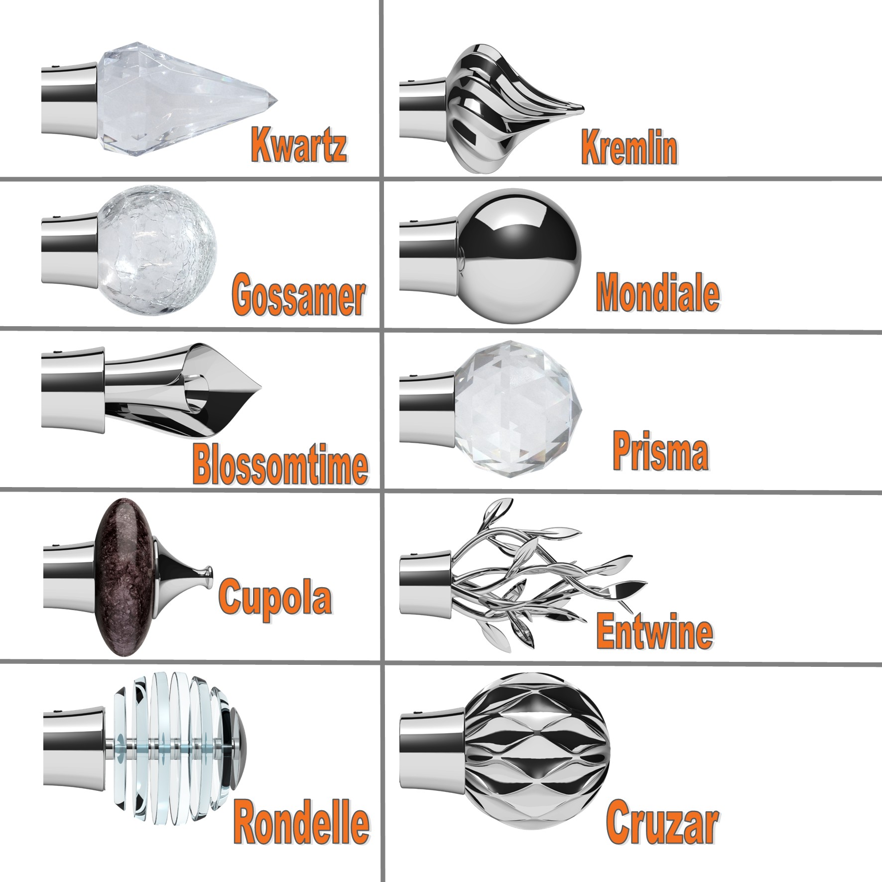 Design Studio Finials Chrome all styles labelled Design Studio Finials Chrome all styles labelled