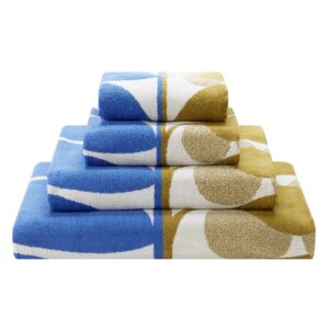 Orla Kiely Stem Bloom Duo Blue Fawn Towels. 100% cotton, these are available as a set or individually as a bath mat, bath sheet, bath towel and hand towel.