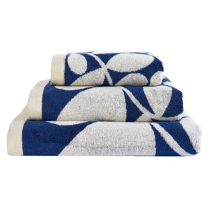 Orla Kiely Sycamore Stripe Dusk Towels. Woven in a rich, deep blue and warm cream colour palette, these towels add a cool, mid-century feel to your bathroom. 100% cotton, these are available to buy as a set or individually, including hand towel, bath towel, bath mat and bath sheet.