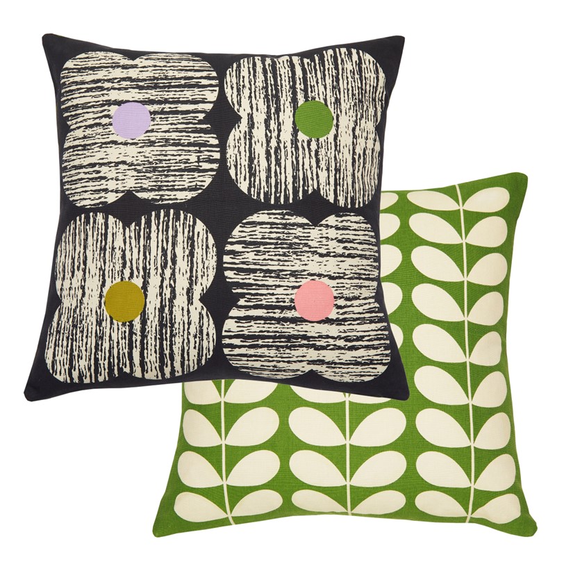 Orla Kiely Textured Flower Slate cushion Orla Kiely Textured Flower Slate 45x45cm Microfibre Cushion. A 100% cotton cover with a zip closure, this reversible cushion features the iconic four petal flower combined with a lovely bark texture to create a truly 70s inspired look