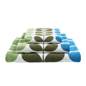 Orla Kiely Trio Stem Riviera Towels. Bright and contemporary, Orla Kiely’s iconic Stem design decorates these luxuriously soft, 100% cotton towels in bright shades of green and marine blue. Available as a set, or individual pieces, including a bath sheet, bath towel, bath mat and hand towel.