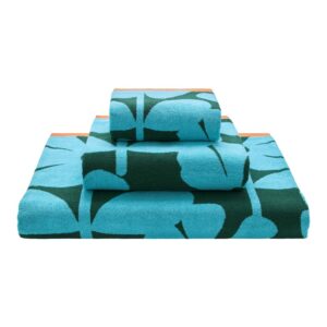 Orla Kiely Wildflower Blue Lagoon Towels. Deep jade green and bright sky-blue yarns are woven together to translate Orla Kiely’s retro floral design into these vibrant 100% cotton towels/bathmat.