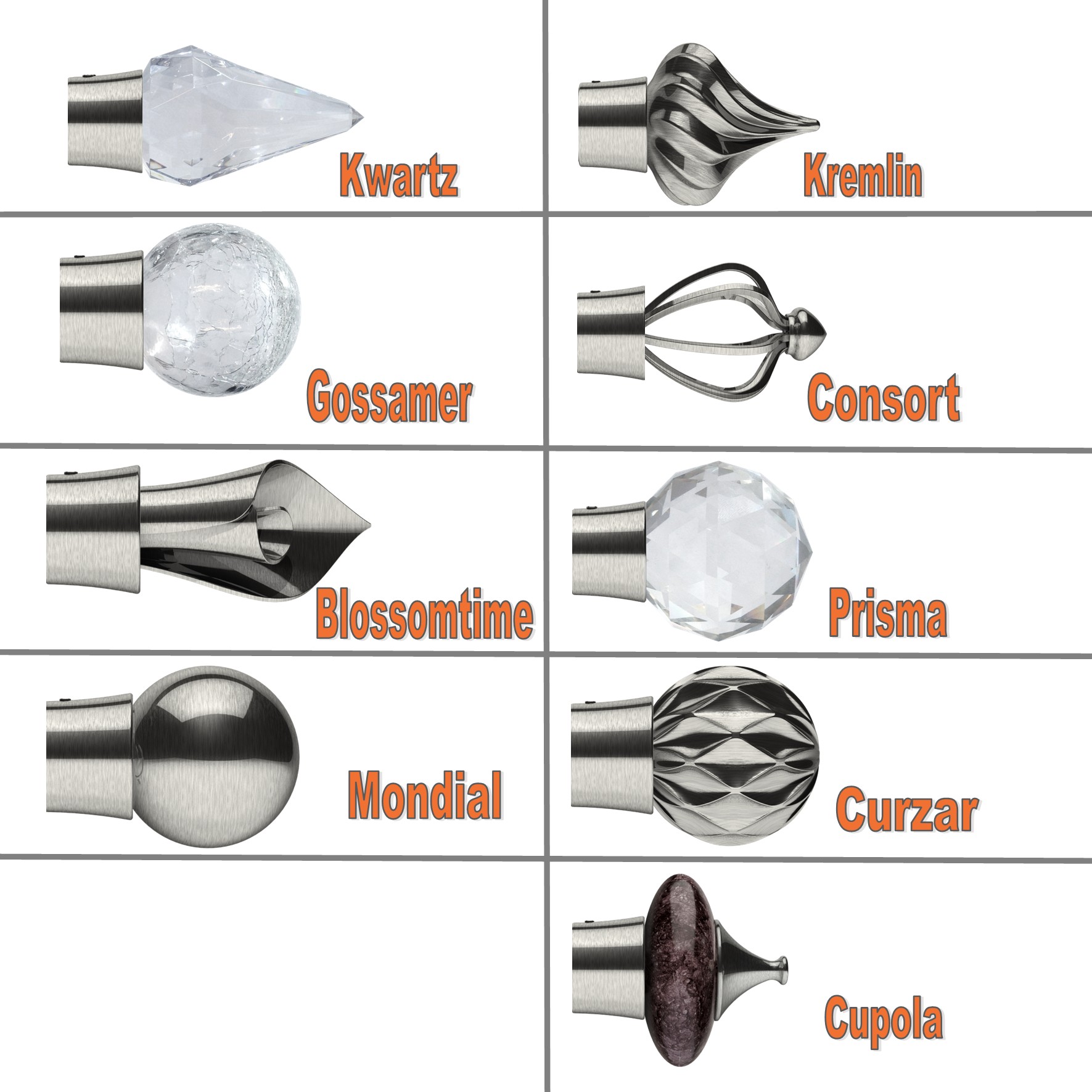 Satin Steel Finials ALL Labelled for web Satin Steel Finials ALL Labelled for web