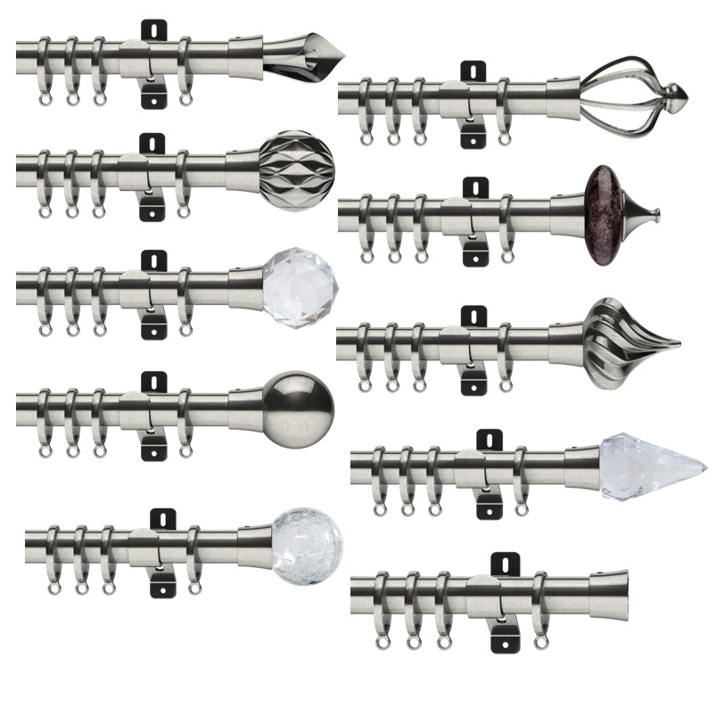 Swish Design Studio bay window curtain pole all finial satin steel Swish Design Studio bay window curtain pole choice of finials, includes brackets, corner joints, rings, fixings and instructions in satin steel