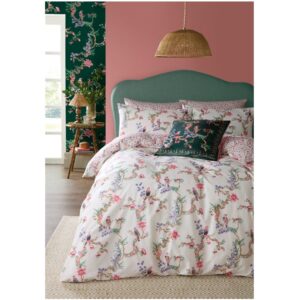 Cath Kidston Birds Of A Feather Blush Bedding. This brand-new hand-painted work of art depicts winding and weaving branches of beautiful birds and blooming florals in crisp, muted jewel tones. Printed onto a crisp 180tc 100% cotton percale this design is complemented with a harmonious ditsy reverse.