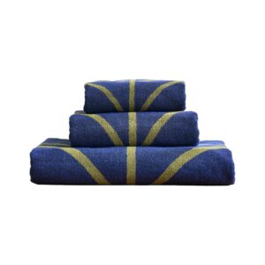 Orla Kiely Linear Stem Towels Navy/olive Towels. Orla Kiely’s iconic Linear Stem design features across these eye-catching woven cotton towels, in a cool navy blue and olive-green palette. 100% cotton. Available to buy as a complete set or individual items include a bath sheet, bath towel, bath mat, and hand towel.