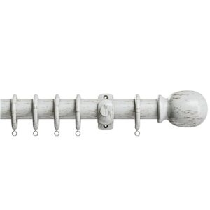 28mm Victory Wood Scratched White complete curtain pole set with accessories including brackets, plain finials and rings