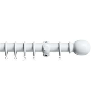 28mm Victory Wood White complete curtain pole set with accessories including brackets, plain finials and rings.