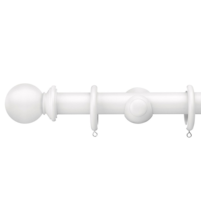 Swish Romantica 35mm Wood curtain pole paper white ball finial close up Swish Romantica 35mm Wood curtain pole paper white ball finial close up