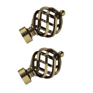 Swish Elements Titan Cage curtain pole finials, 1 pair of metal finials for a 28mm curtain pole, Antique Brass colour finish
