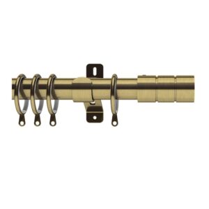 Swish Elements Brooklyn curtain pole set with Swish End brackets in Antique Brass. Pole includes pole, brackets, finials, rings, and fixings.