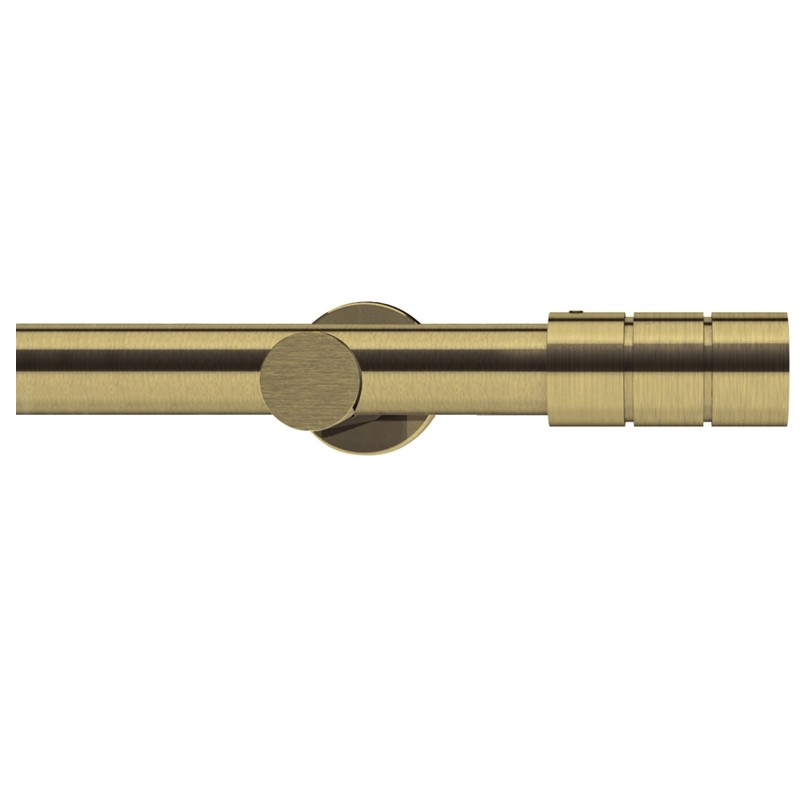Integra Elements 28mm diameter Curtain pole set, with Brooklyn barrel finials in antique brass finish. Pole set includes poles, finials, brackets fixings and instructions.