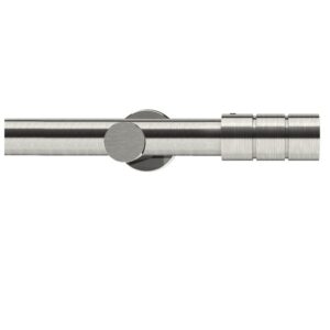 Integra brooklyn curtain pole set, with round contemporary bracks and Brooklyn barrel finials, all in a stunning Satin Steel finish. Set includes poles, brackets, finials and fixings.