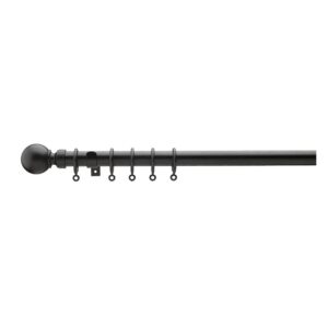 Extendable Metal Curtain Pole compete set, 110cm extends to 210cm, no cutting required. 13-16mm pole diameter Ball Finials, Black, includes metal brackets, plastic rings, fixings.